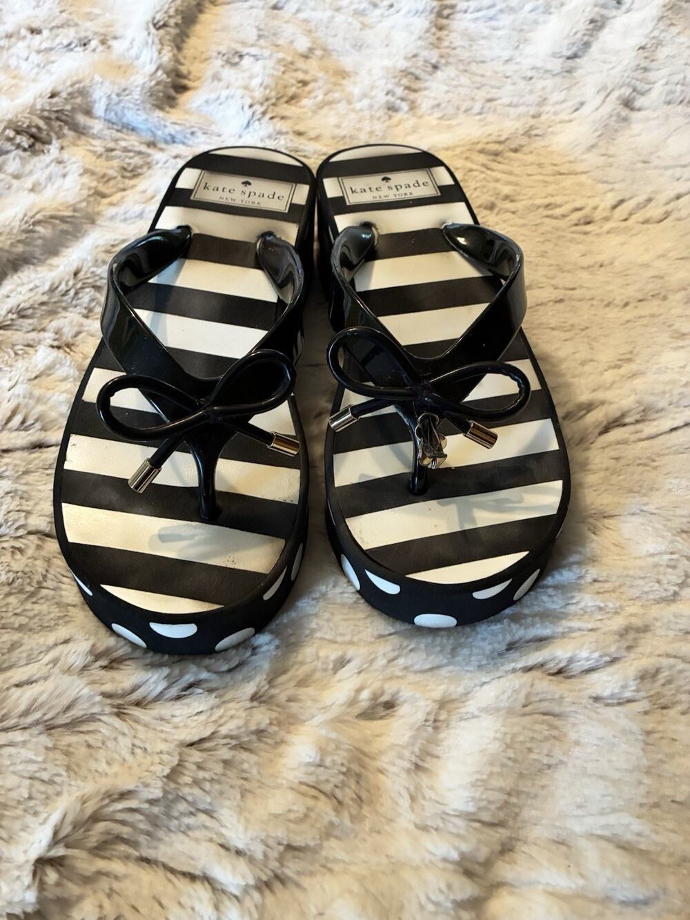 Kate Spade Rhett Black White Stripes Platform Flip Flops Thong Bow Sandals Sz 5